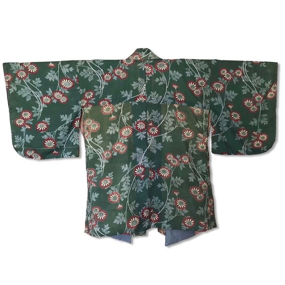 ❌SOLD Vintage Green Floral Cotton “Boro” Cropped Kimono Robe Jacket - Picture 4 of 13